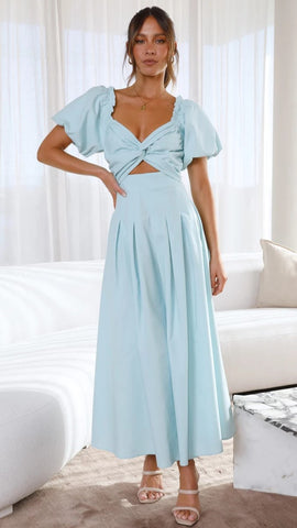 Light Blue Front Twist Midi Dress