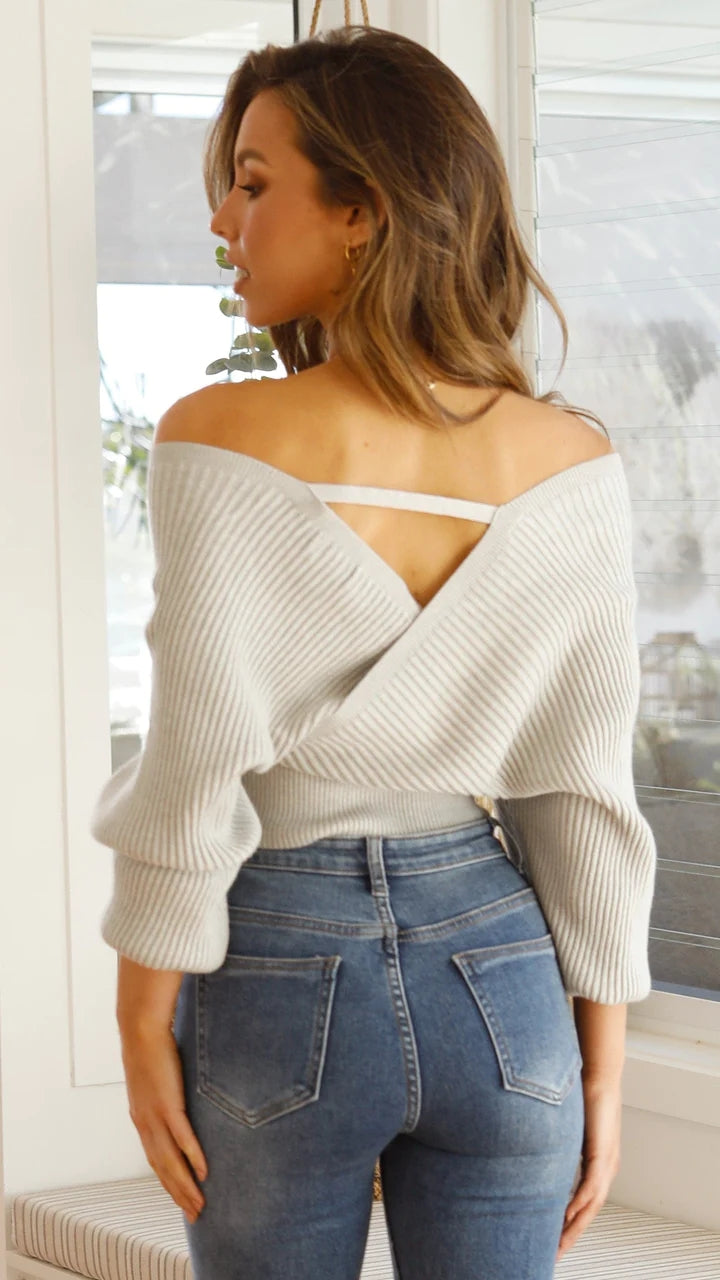 Light Grey Knit Crossover Crop Sweater