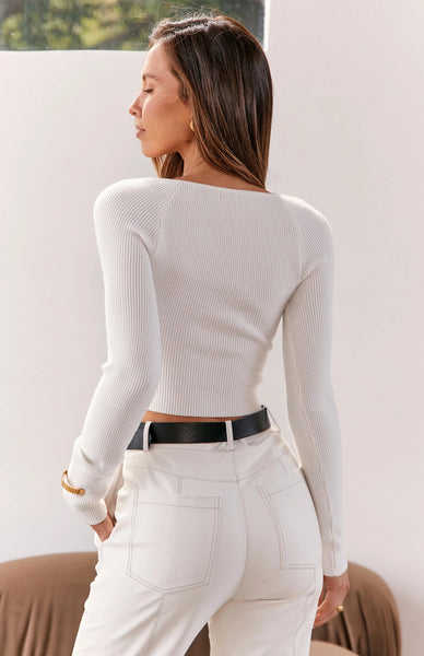 White Long Sleeves Crop Knit Top