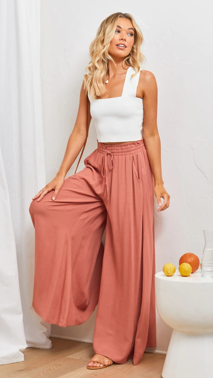 Red Solid Wide-Leg Casual Pants
