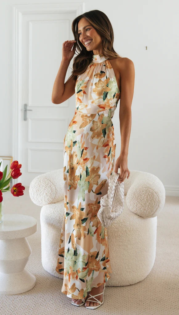 Yellow Floral Satin Halter Maxi Dress Gabi Swimwear Yellow Floral Satin Halter Maxi Dress Gabi Swimwear