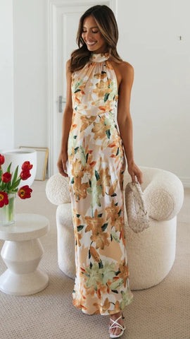 Yellow Floral Satin Halter Maxi Dress