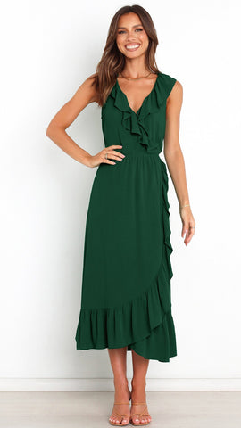 Olive Green Frill Surplice Midi Dress