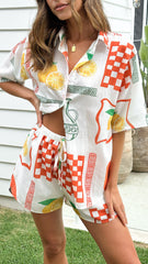Charli Button Up Shirt and Shorts Set - Lemon / Papaya Print