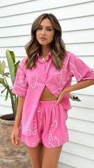 Charli Button Up Shirt and Shorts Set - Pink / White Squiggle