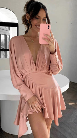 Pink Long Sleeves Pleated Mini Dress