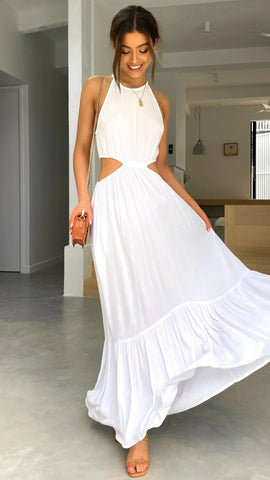 White Cutout Waist Midi Dress