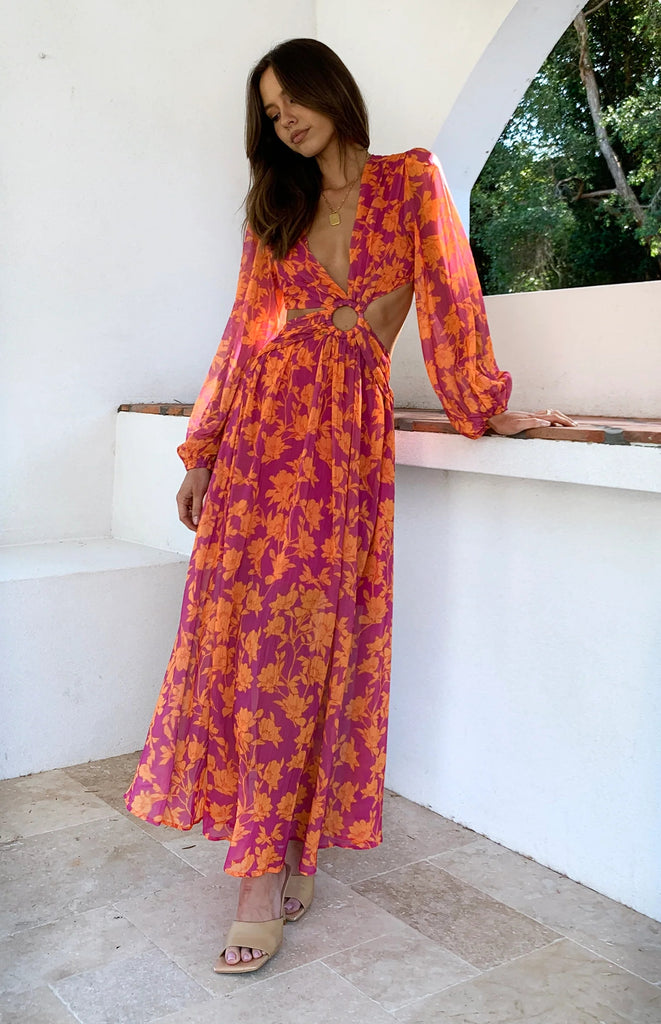 Orange Floral Long Sleeves Midi Dress Gabi Swimwear Orange Floral Long Sleeves Midi Dress Gabi Swimwear