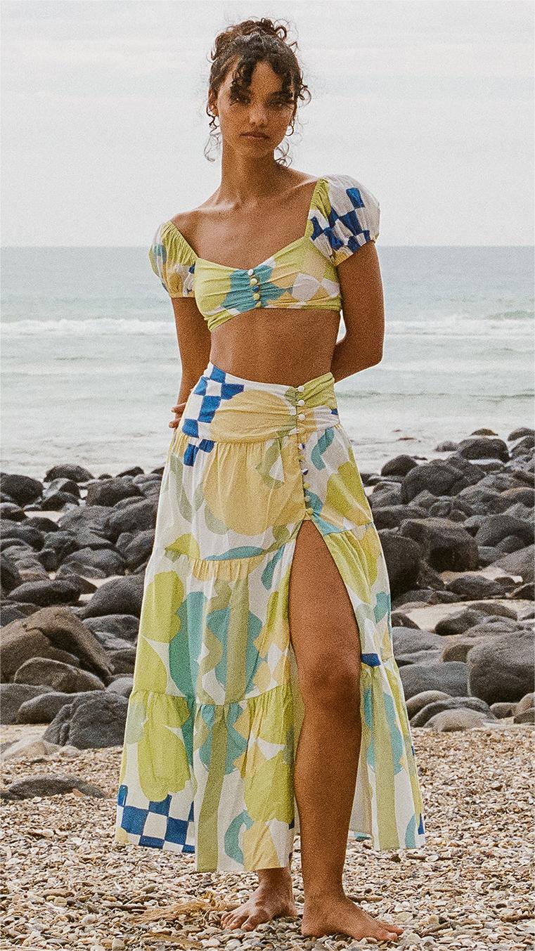 Yellow Floral High Slit Maxi Skirts