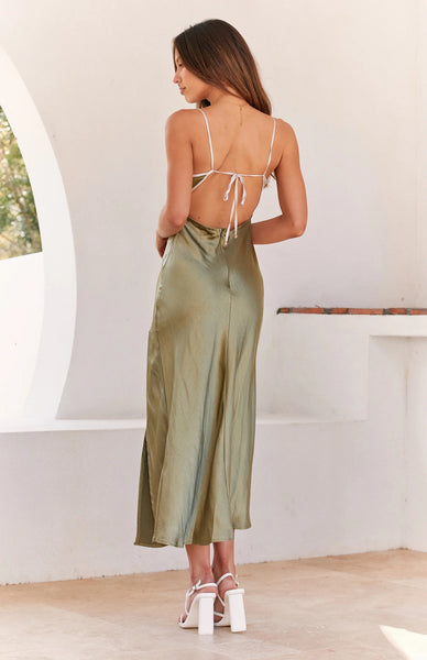 Olive Green Satin Sleeveless Midi Dress