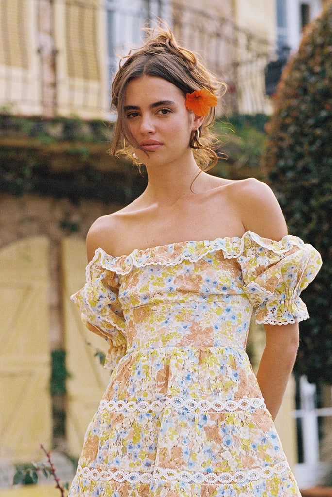 yellow off shoulder dress with floral design BELROSIE Summer Yellow Contrast Tie-Dye Floral Print Chiffon Off Shoulder Dress, Layered Ruffle Trim Off Shoulder Neckline, 3D Cut Pleated Dress Design, Romantic Elegant Style, Suitable For Summer Party, Beach Vacation And