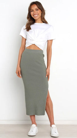 Green Ribbed Knit Midi Skirts