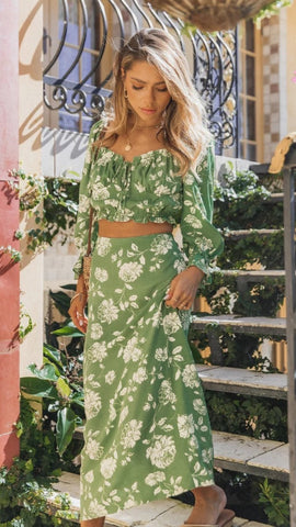 Green Floral Midi Skirts