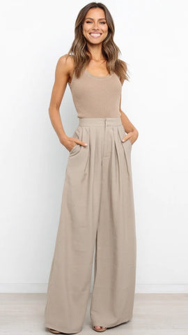 Beige Wide-Leg Casual Pants