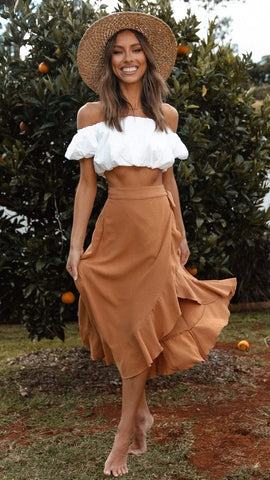 Tan Ruffle Tulip Midi Skirts