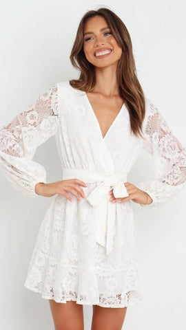 White Lace Long Sleeves Mini Dress