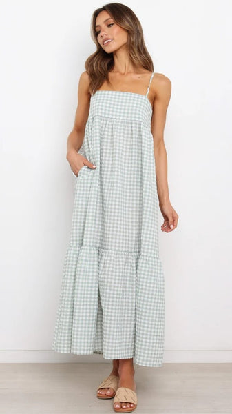 Green Plaid Print Slip Midi Dress