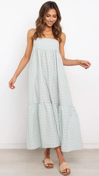 Green Plaid Print Slip Midi Dress