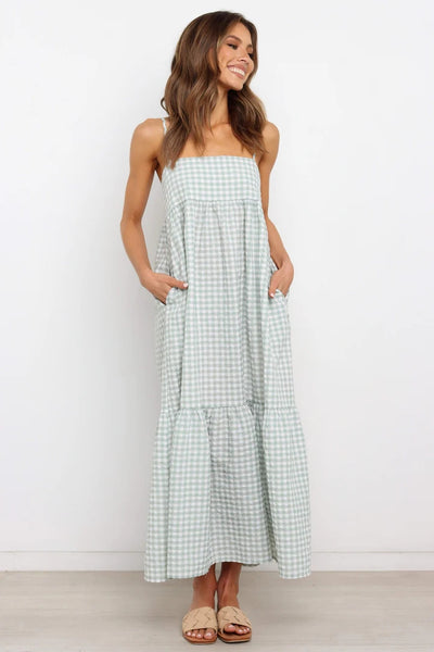 Green Plaid Print Slip Midi Dress