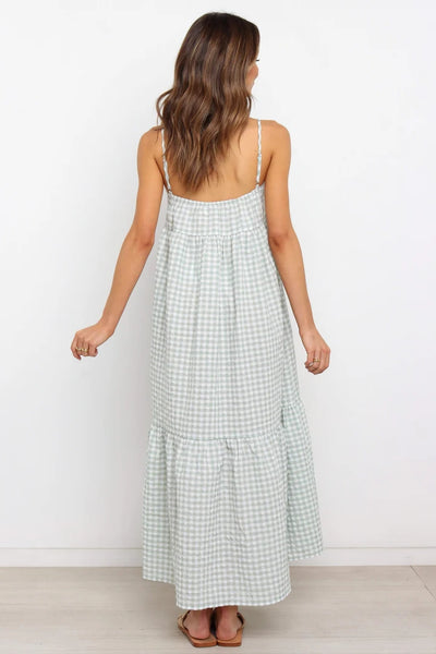 Green Plaid Print Slip Midi Dress