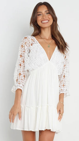 White Crochet Yoke Mini Dress