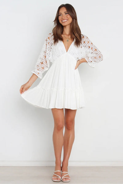 White Crochet Yoke Mini Dress