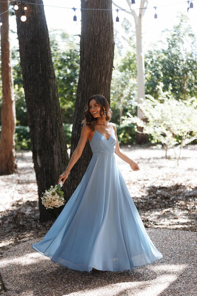 Blue Solid Surplice Maxi Dress