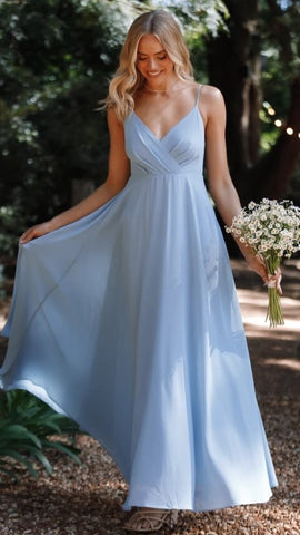 Blue Solid Surplice Maxi Dress