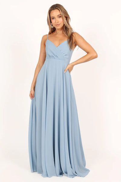 Blue Solid Surplice Maxi Dress