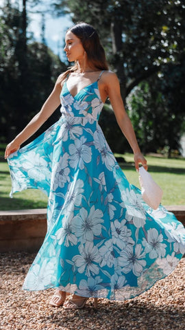 Blue Floral V Neck Maxi Dress