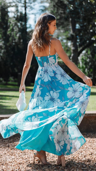 Blue Floral V Neck Maxi Dress