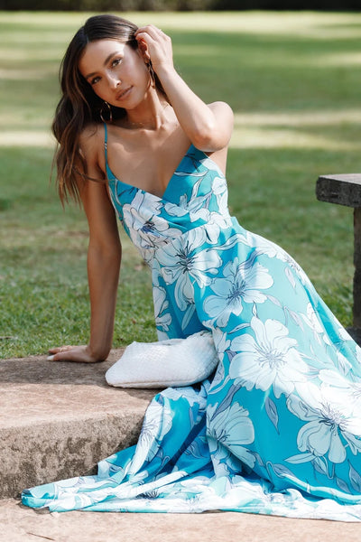 Blue Floral V Neck Maxi Dress