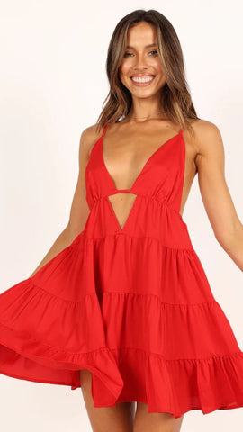 Red Plunging Backless Mini Dress