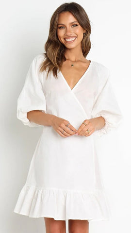 White Surplice Wrap Mini Dress