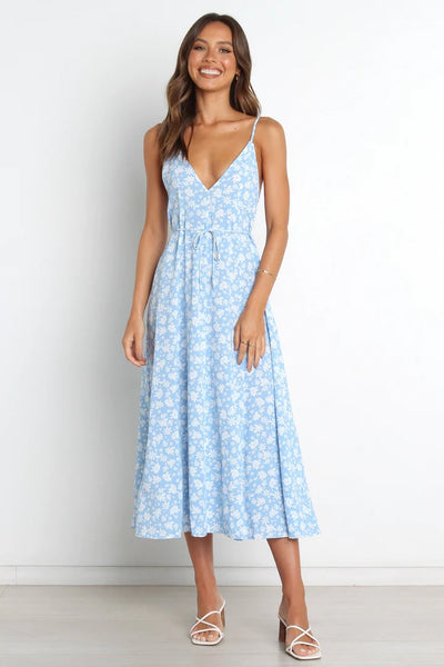 Blue Floral Plunging Midi Dress