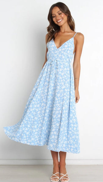 Blue Floral Plunging Midi Dress