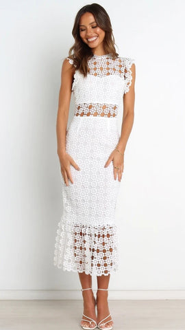 White Crochet Lace Midi Dress