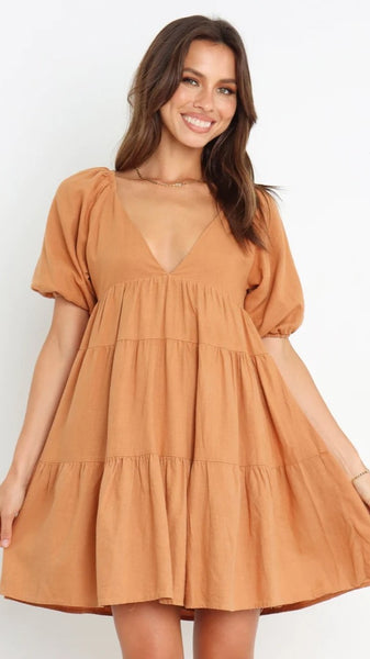 Tan Babydoll Mini Dress