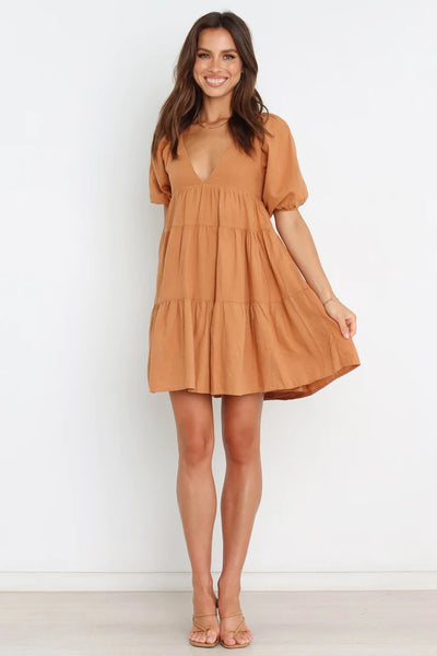 Tan Babydoll Mini Dress