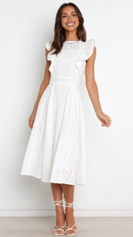 White Ruffle Detail Midi Dress