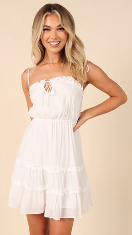 White Shoulder Tie Mini Dress