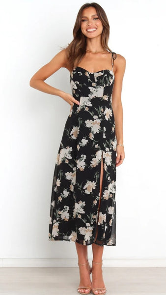 Black Rose Print Midi Dress