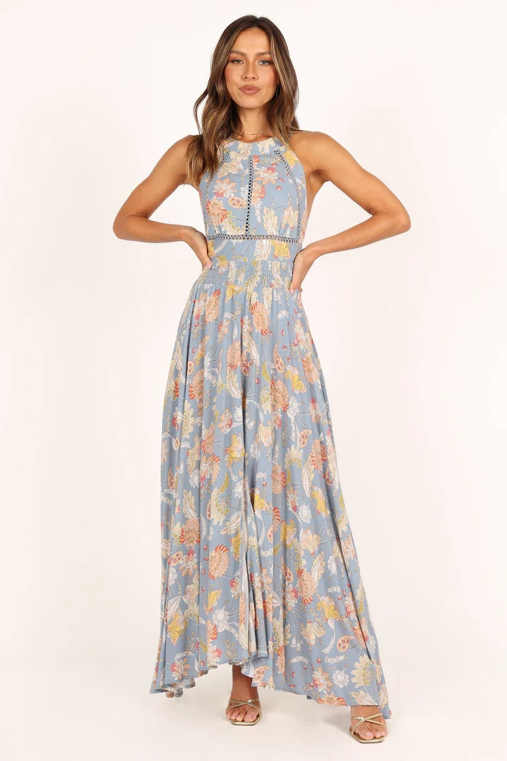 Demure Blue Floral Maxi Dress