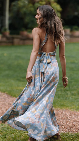 Demure Blue Floral Maxi Dress