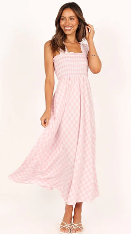 Blush Plaid Print Midi Dress