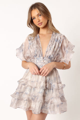 Rina Tiered Mini Dress - Beige Blue Floral