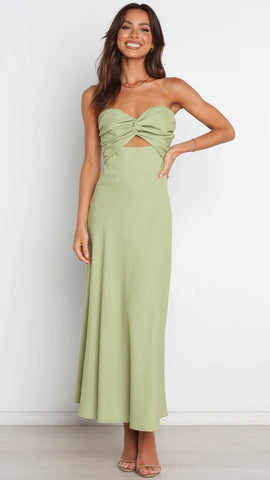 Green Front Twisted Bandeau Midi Dress