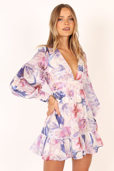 Rume Long Sleeve Mini Dress - Purple Floral