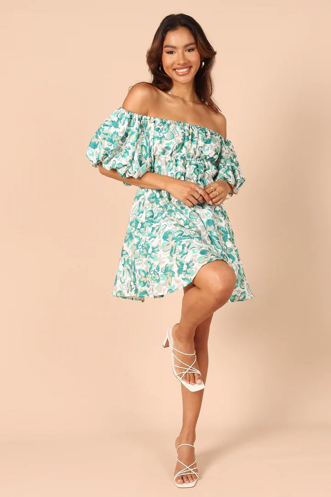 Green Floral Off Shoulder Mini Dress Gabi Swimwear Green Floral Off Shoulder Mini Dress Gabi Swimwear