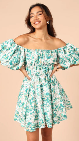 Green Floral Off Shoulder Mini Dress